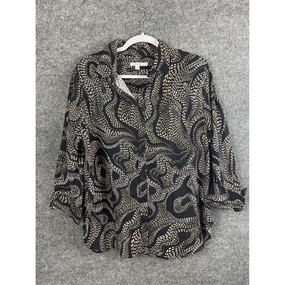 Chico's Button Down Shirt Women Size 2.5 L/XL Black Tan Excellent Abstract Swirl
